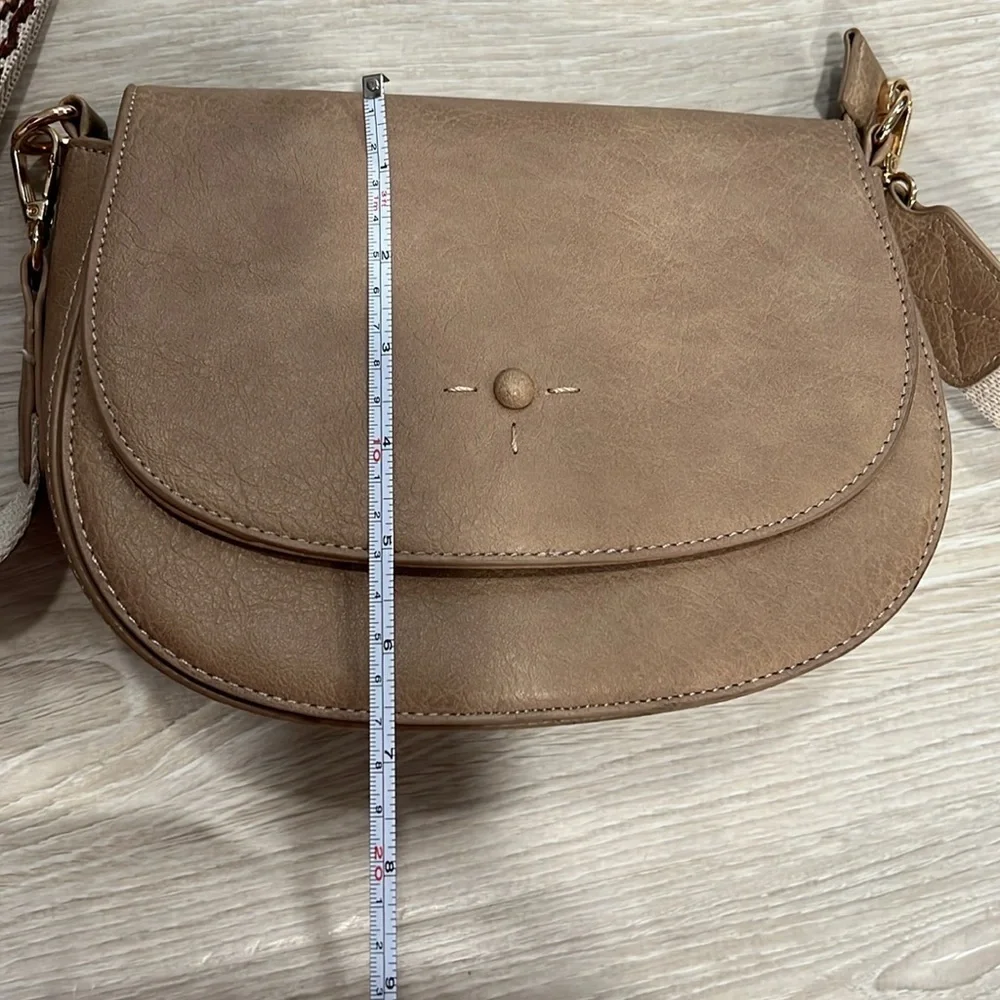 Tan Crossbody Bag with Patterned Strap